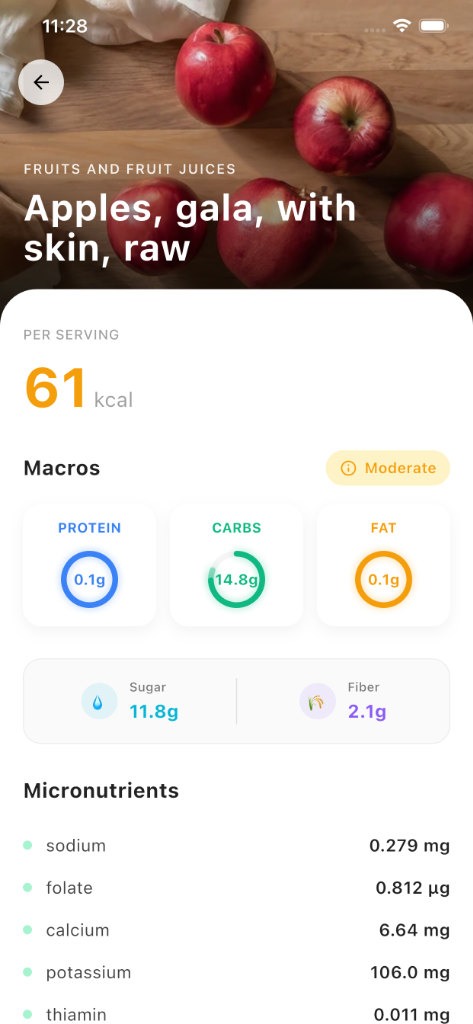 Detailed nutritional breakdown showing macros, vitamins, and minerals